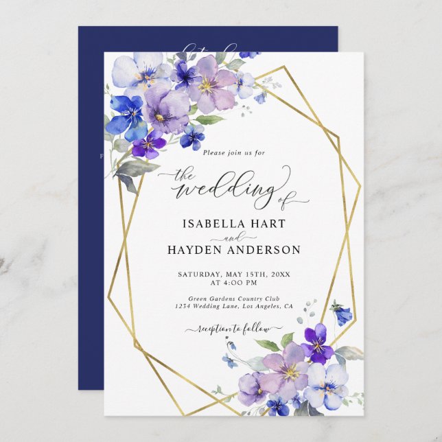 Gold Blue Purple Floral All In 1 QR Code Wedding Invitation (Front/Back)