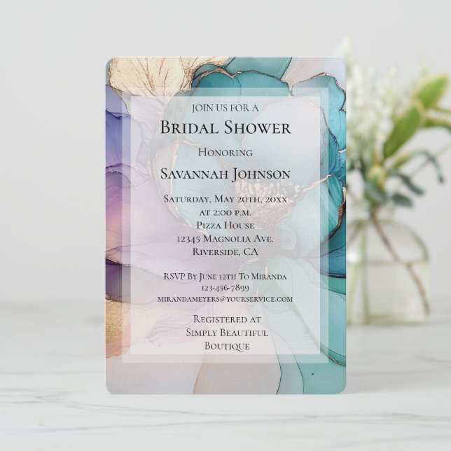 Gold Blue Purple Floral Romantic Bridal Shower Invitation (Standing Front)