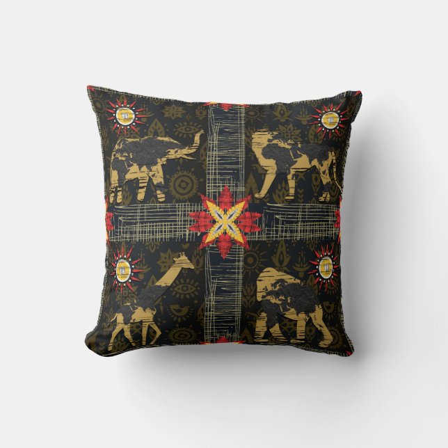 Gold Blue Red Safari World Map African Animals Cushion (Front)