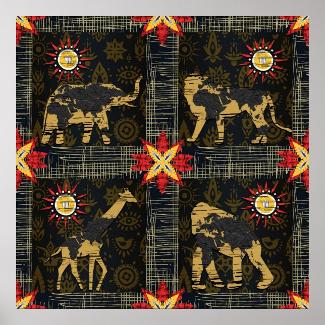 Gold Blue Red Safari World Map African Animals Poster (Front)