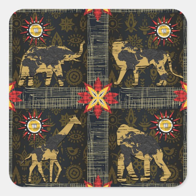 Gold Blue Red Safari World Map African Animals Square Sticker (Front)