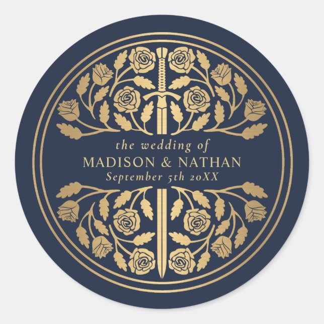 Gold Blue Royal Mediaeval Sword Wedding  Classic Round Sticker (Front)