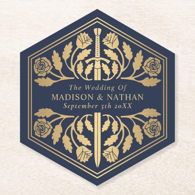 Gold Blue Royal Mediaeval Sword Wedding Paper Coaster (Front)