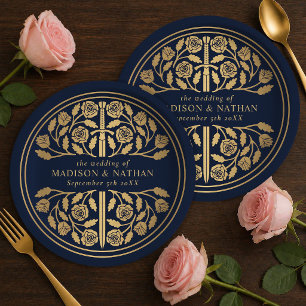 Gold Blue Royal Mediaeval Sword Wedding  Paper Plate