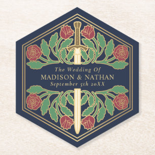 Gold Blue Royal Medieval Floral Sword Wedding Paper Coaster