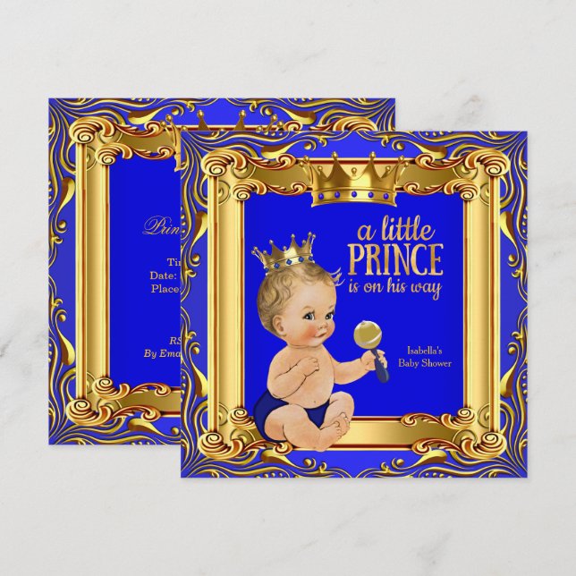 Gold Blue Royal Prince Baby Shower Blonde Baby Boy Invitation (Front/Back)