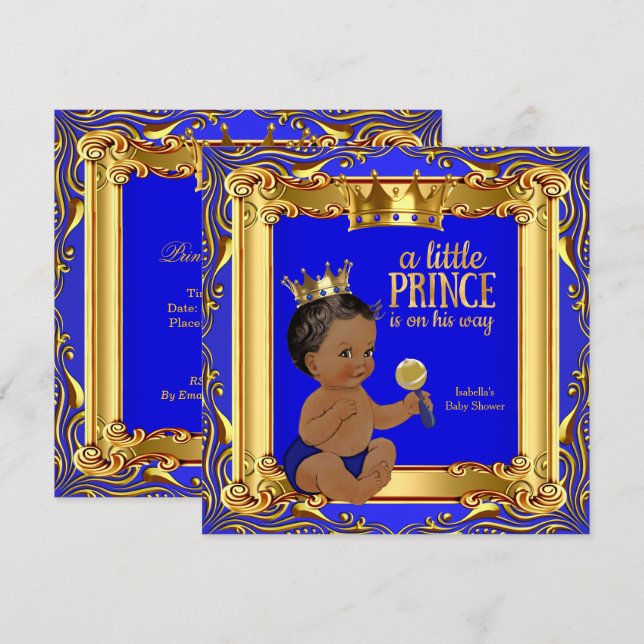 Gold Blue Royal Prince Baby Shower Ethnic Invitation (Front/Back)
