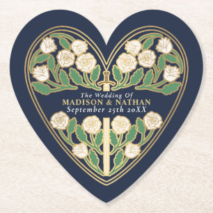 Gold Blue Royal White Floral Sword Wedding Paper Coaster
