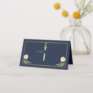 Gold Blue Royal White Floral Sword Wedding Place Card