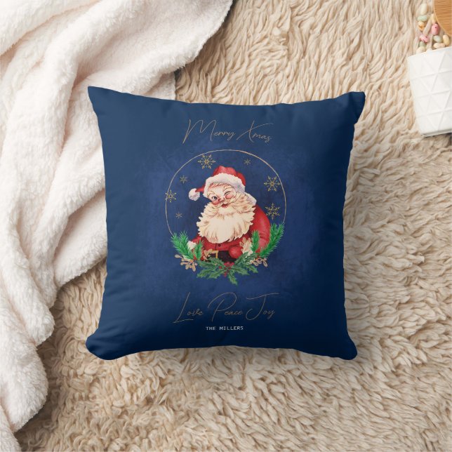 Gold Blue Santa Elegant Vintage Merry Christmas Cushion (Blanket)