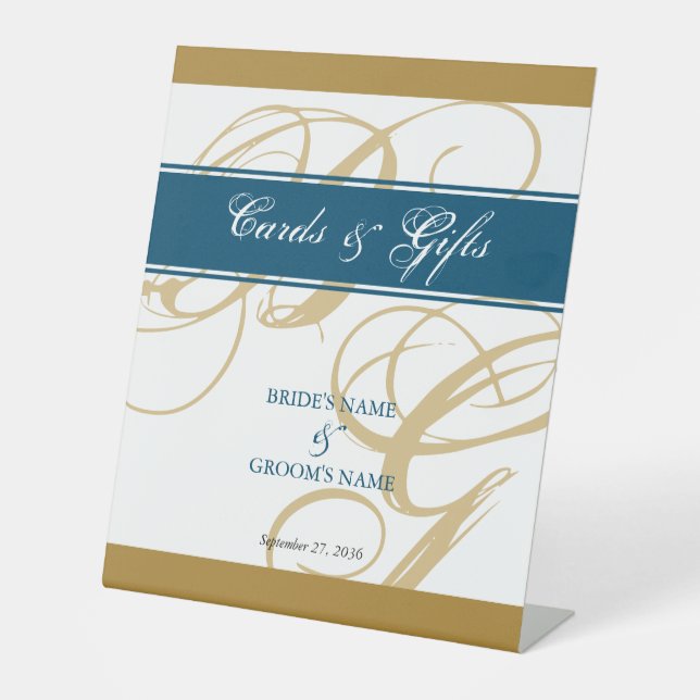 Gold Blue Script Monogram Wedding Cards & Gifts  Pedestal Sign (Front)