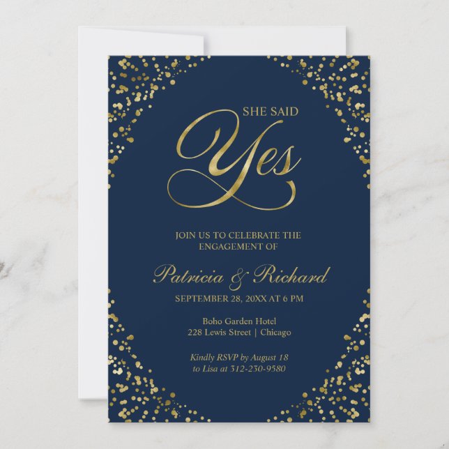 Gold Blue She Said Yes Engagement Party Invitation (Front)
