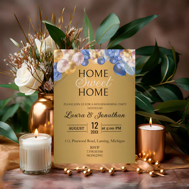 Gold Blue Silver Glitter Housewarming Party Invitation | Zazzle