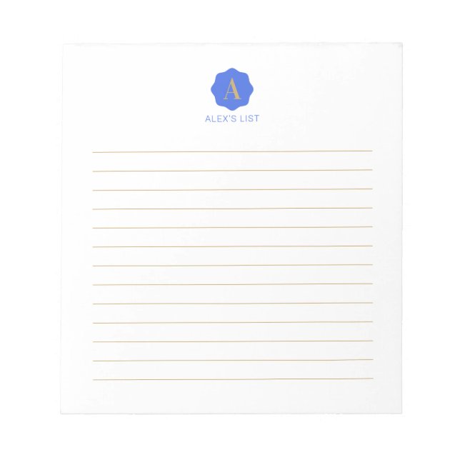 Gold & Blue Simple Modern Monogram Personalised Notepad (Front)