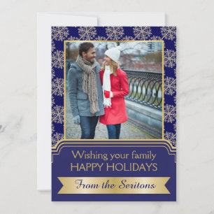 Gold, blue snowflake and frame Christmas Groupon Holiday Card