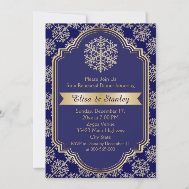 Gold blue snowflake wedding rehearsal dinner invitation (Front)