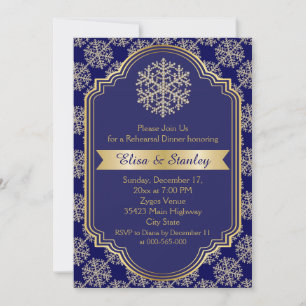 Gold blue snowflake wedding rehearsal dinner invitation