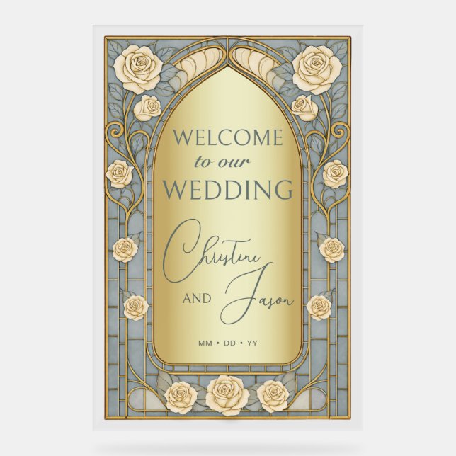 Gold Blue Stained Glass Floral Wedding Welcome  Acrylic Sign (Front)