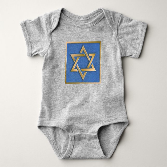 Gold Blue Star of David Art Panel Baby Bodysuit (Front)