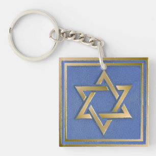 Gold Blue Star of David Art Panel Key Ring