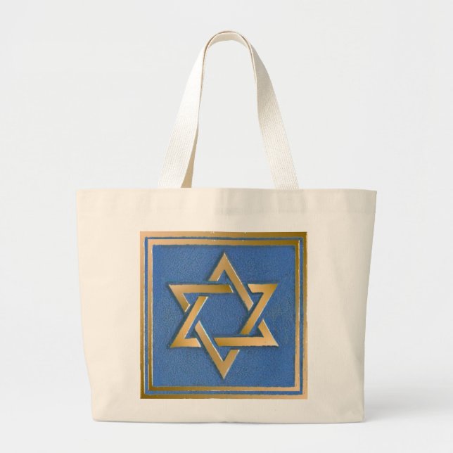 Gold Blue Star of David Art Panel Large Tote Bag (Front)