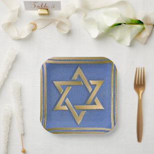Gold Blue Star of David Art Panel Paper Plate