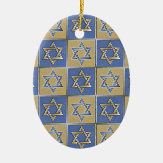 Gold Blue Star of David Art Panels Ceramic Tree Decoration (Front)