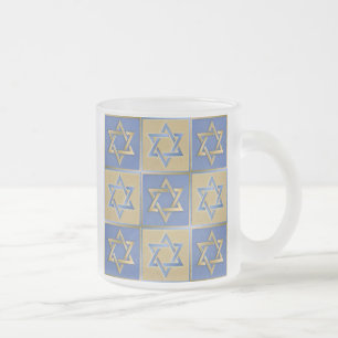 Gold Blue Star of David Art Panels Frosted Glass Coffee Mug