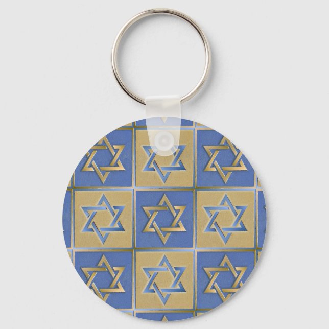 Gold Blue Star of David Art Panels Key Ring (Front)