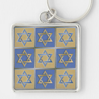 Gold Blue Star of David Art Panels Key Ring