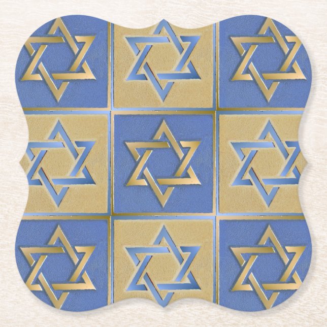 Gold Blue Star of David Art Panels Paper Coaster (Front)