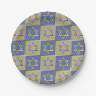 Gold Blue Star of David Art Panels Paper Plate