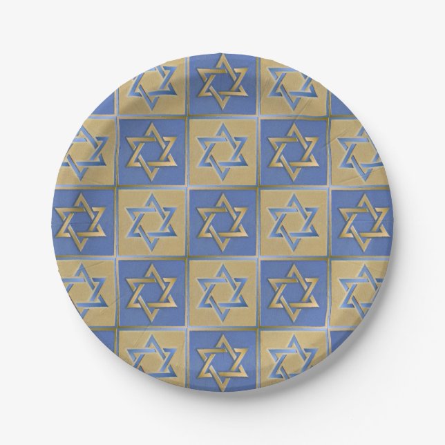 Gold Blue Star of David Art Panels Paper Plate (Front)