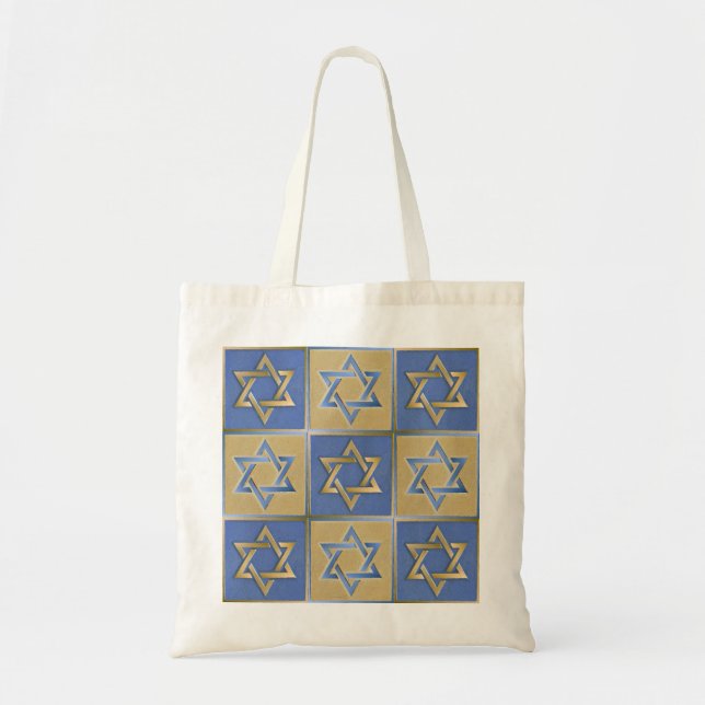 Gold Blue Star of David Art Panels Tote Bag (Front)