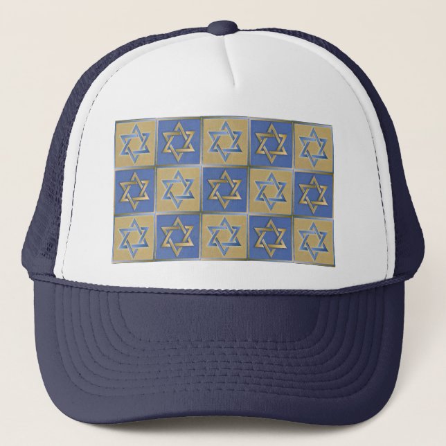 Gold Blue Star of David Art Panels Trucker Hat (Front)