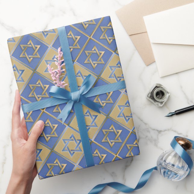 Gold Blue Star of David Art Panels Wrapping Paper (Gifting)