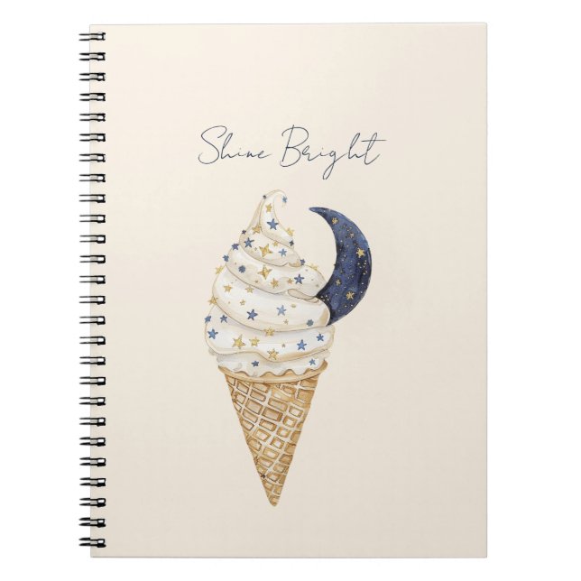 Gold Blue Stars Moon Ice Cream Cone   Notebook (Front)