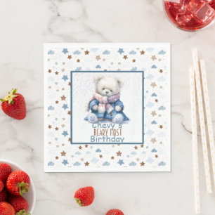 Gold Blue Stars Teddy Bear  Beary First Birthday Napkin