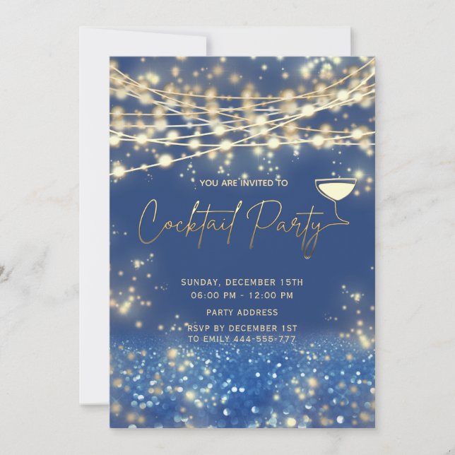 Gold blue string lights corporate Cocktail party Invitation (Front)
