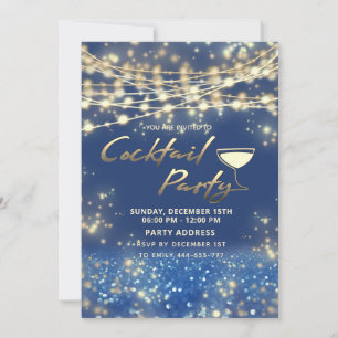 Gold blue string lights corporate Cocktail party Invitation