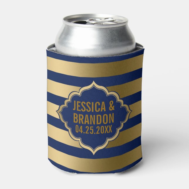 Gold & Blue Stripes Geometric Pattern 2 Can Cooler (Can Front)