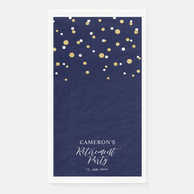 Gold & Blue Stylish Confetti Retirement Party Napkin (Front)