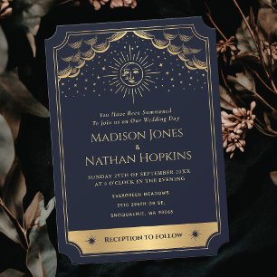 Gold & Blue Sun and Moon Tarot Card Wedding Invite