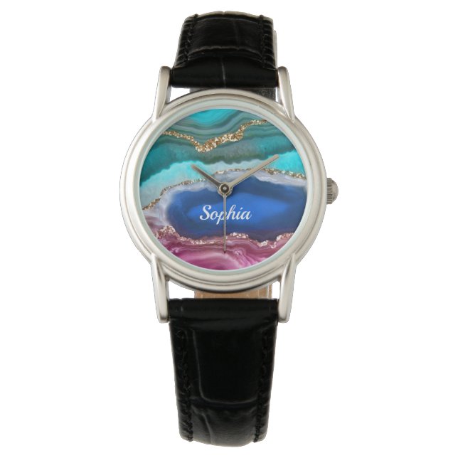 Gold Blue & Teal Agate, Name, or Your Art/Photo Watch (Front)