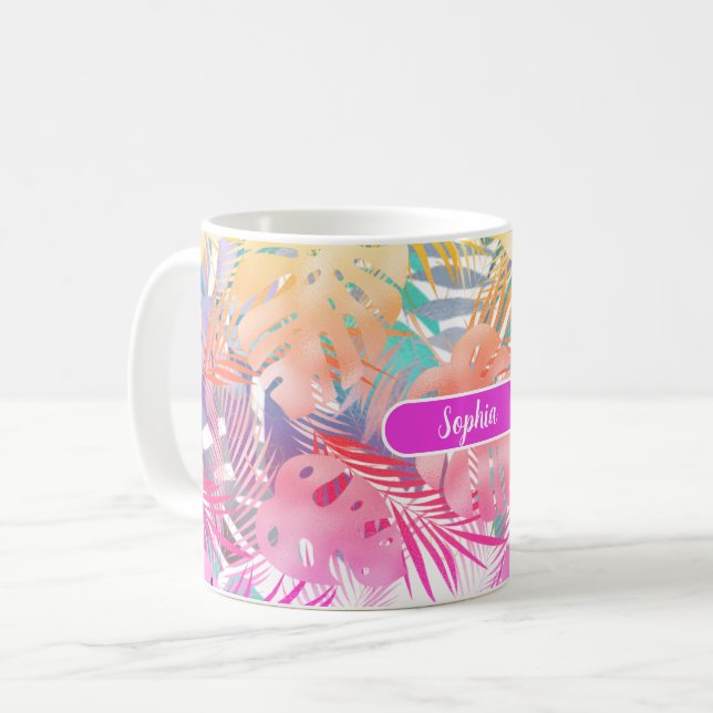 Gold Blue Teal & Pink Tropical Leaves, White Name Coffee Mug (Front Left)