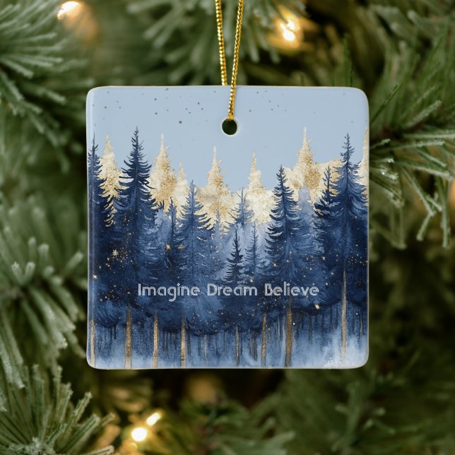 Gold Blue Trees Imagine Dream Believe   Ceramic Ornament (Tree)