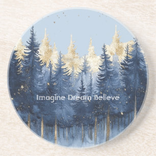 Gold Blue Trees Imagine Dream Believe Coaster
