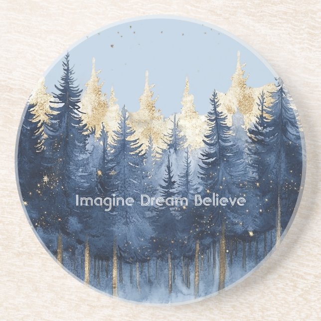 Gold Blue Trees Imagine Dream Believe   Coaster (Front)
