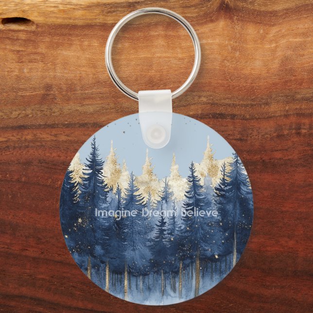 Gold Blue Trees Imagine Dream Believe   Key Ring (Front)