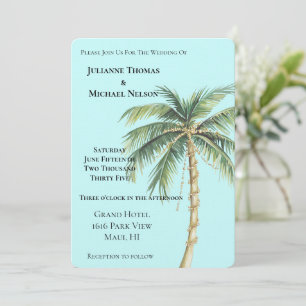 Gold Blue Tropical Palm Tree Wedding Invitation